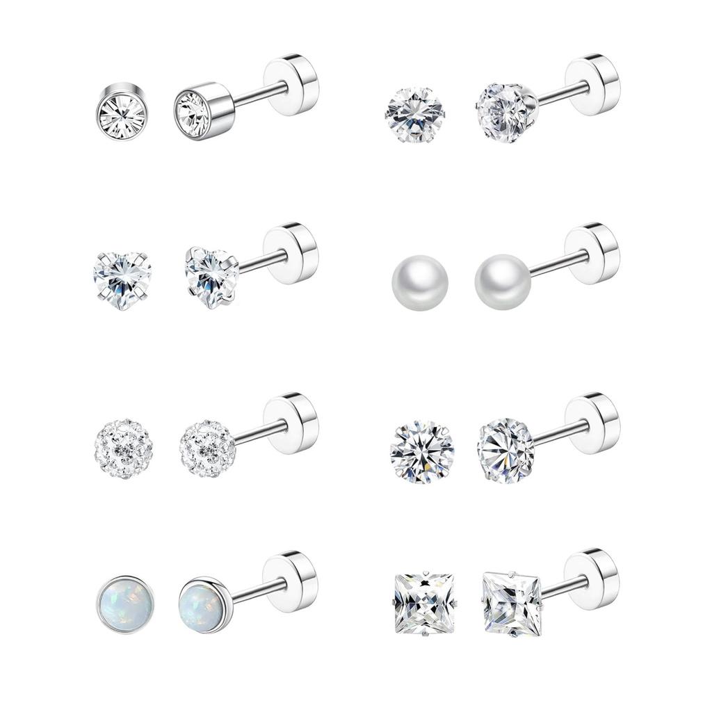 8 Pairs Flat Back Stud Earrings Sets for Multiple Piercing Small Silver Flat Back Surgical Steel Tiny Ball Pearl Cubic Zirconia