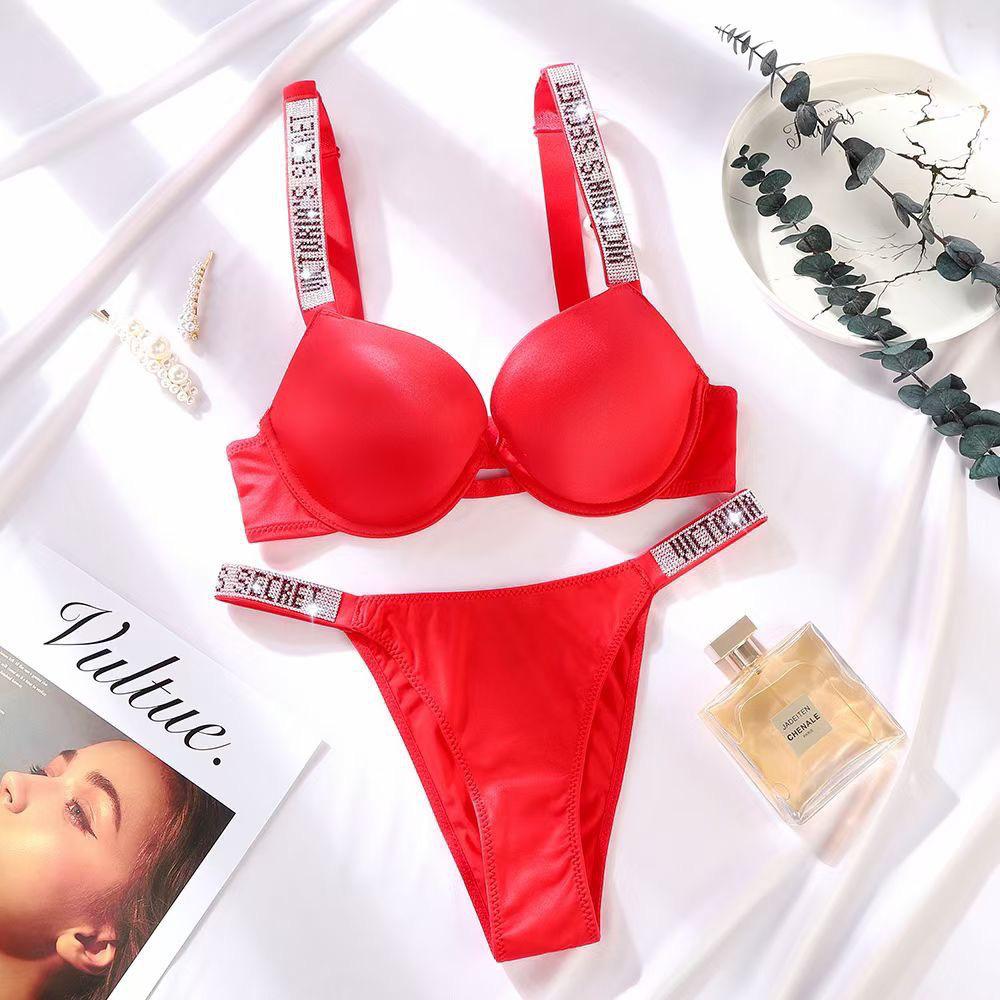 Plus Size European & American Light Luxury Diamond Strap Push-Up Bra & High Cut Panty Set