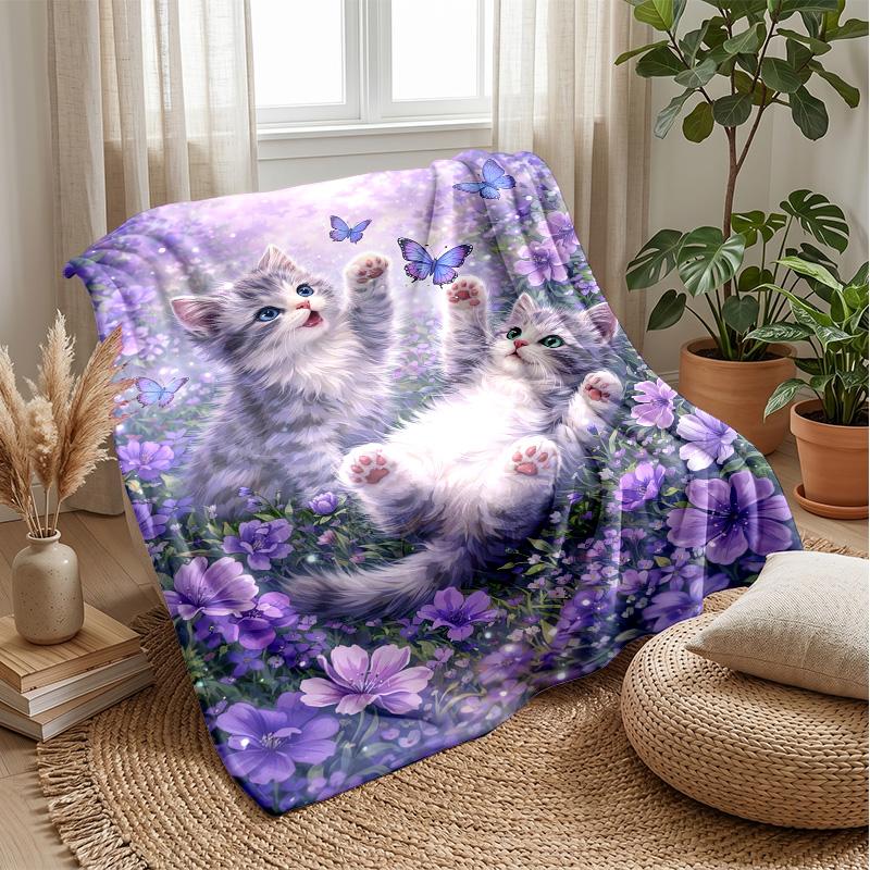 Kittens Playing with Butterflies in Forest Theme blanket Lightweight Warm Flannel Blanket Decorative Throw Blanket for Home Decoration