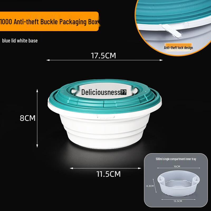 Handun Classic Round Takeaway Containers with Inner Tray & Blue Lid (200 Sets)