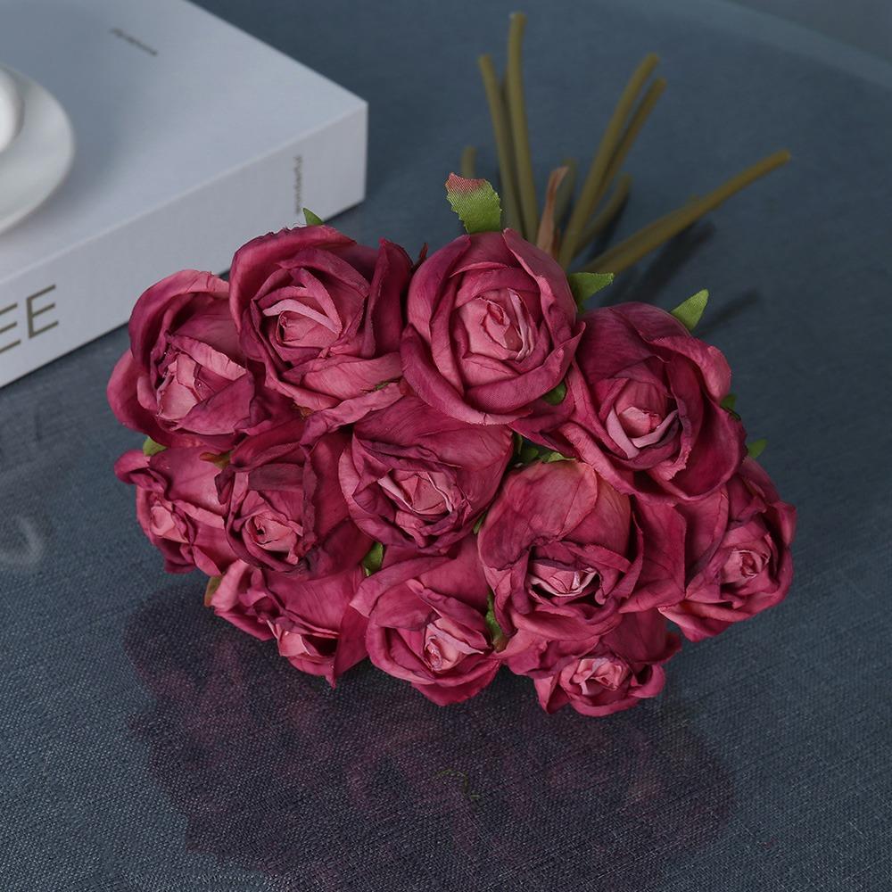 12PCS/bunch Multicolor Rose Artificial Flowers Silk Petals Green Stem Faux Rose Flower Scene Landscaping Bridal Bouquet
