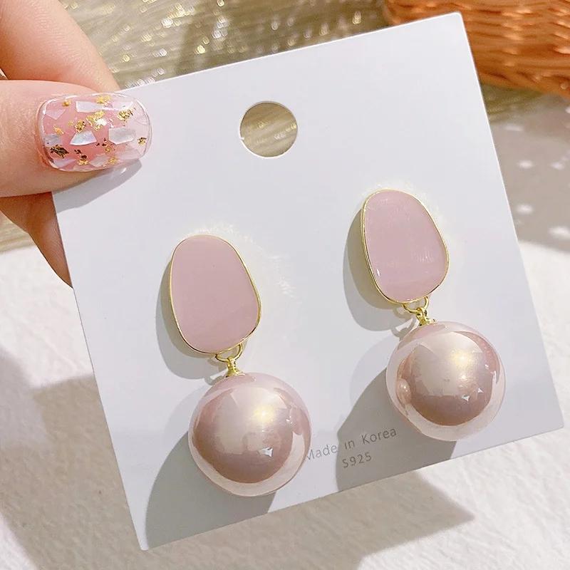 

Pink White Round Ball Big Imitation Pearl Geometry Pendant Earrings for Women Korean Fashion Cute Girl Zircon