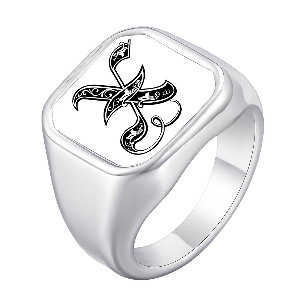 Engrave Custom A-Z Initial Picture Rings for Men, Stainless Steel Male Signet Ring, High Polished Finger Jewelry Gift Father Day