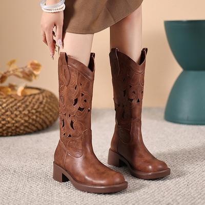 Weiche Sohle Hohle Stickerei Western Cowboy Stiefel Damen Neue Retro Stil Wüste Sommerstiefel Braun Mittelhohe Stiefel