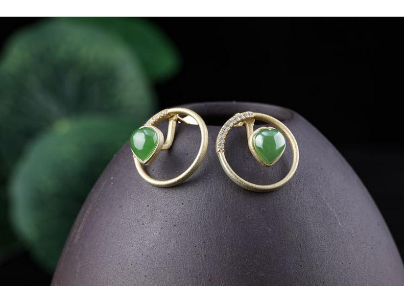 Gold-Plated 925 Sterling Silver Hetian Jade Two-Way Stud Earrings for Women with Certificate