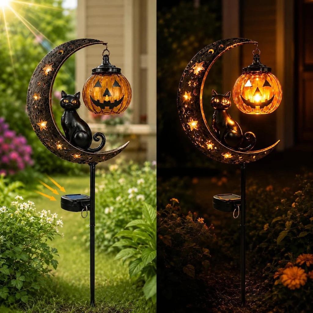 Solar Halloween Moon Black Cat Light Metal Crescent Moon Pumpkin Lantern Ground Lamp Outdoor Pathway Garden Yard Lawn