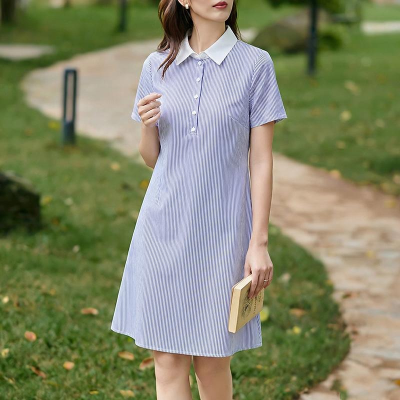 ZANZEA Womens Splice Turn Down Collar Short Sleeve Casual Stripe Dress S синий