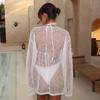 Sexy Perspective Knitted Hoodie Women's Solid Color Loose Round Neck Long Sleeved Top T-shirt Summer New Fashion