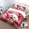 White Puppy Surrounded By Pink Flowers Pattern Duvet Cover Set Digital Print Colorful Polyester Bedding With Zipper Closur