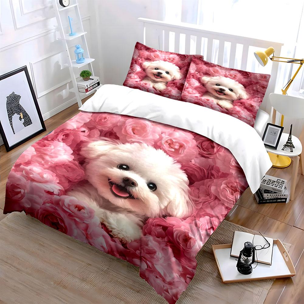 White Puppy Surrounded By Pink Flowers Pattern Duvet Cover Set Digital Print Colorful Polyester Bedding With Zipper Closur