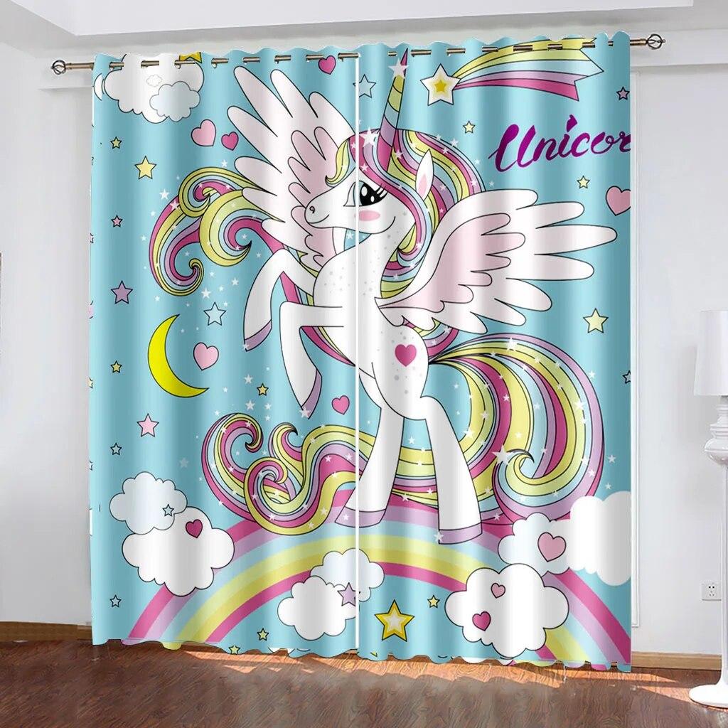 

Бесплатная доставка, розовый, черный, Радужный Единорог, мультяшное окно, тонкая занавеска для затенения, детская занавеска для спальни, гостиной, декор, крючки W50xH130(CM)x2PCS-Grommet Top