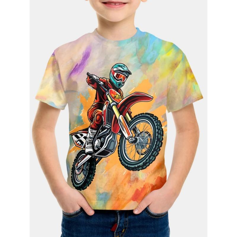 Summer Round Neck 3D Printed Motorcycle Rider Pattern Top Fashionable Casual Short Sleeved Children's Boy T-shirts