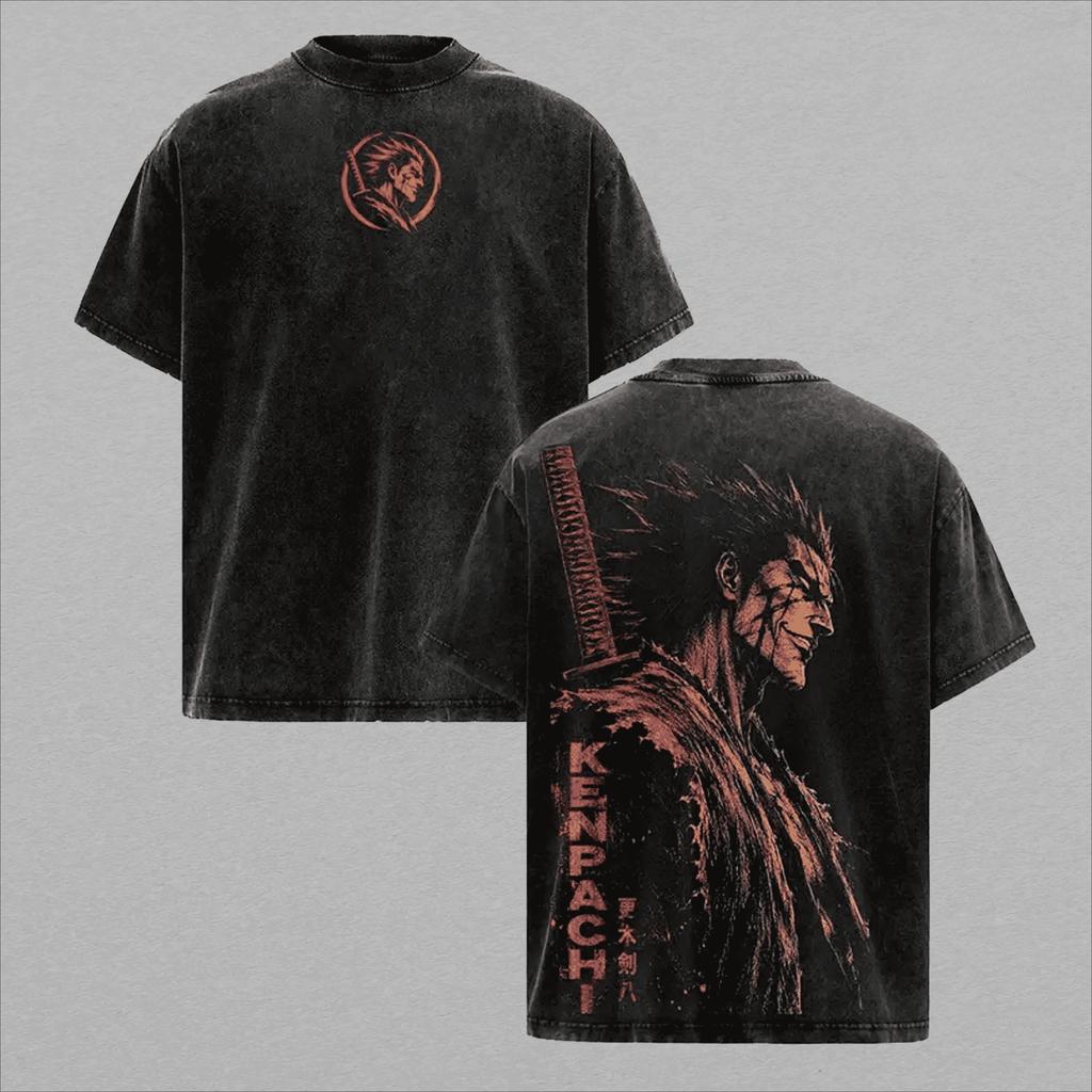 Zaraki Kenpachi BLEACH Anime T-Shirt Vintage Gewaschenes Polyester-T-Shirt Herren Kleidung Sommer Oversized Kurzarm-T-Shirts Kleidung