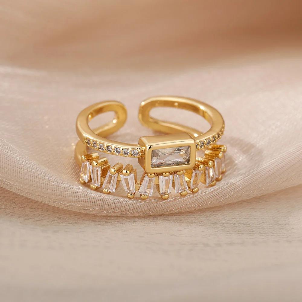 

Luxury Green Crystal Double Layer Rings for Women Charm Gold Color Stainless Steel Zircon Wedding Bride Jewelry Accessories Gift resizable білий
