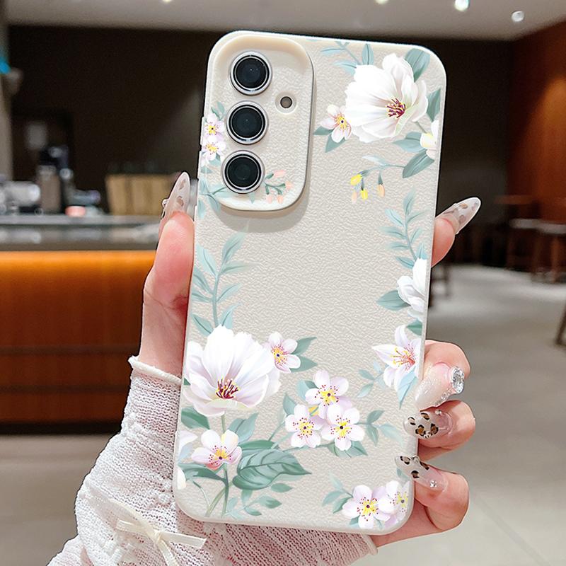 Flowers Case For Samsung Galaxy A56 A55 A54 A16 A36 A25 A15 A34 5G S25 S24 S23 Ultra Plus S24 FE Leather Texture Silicone Cover