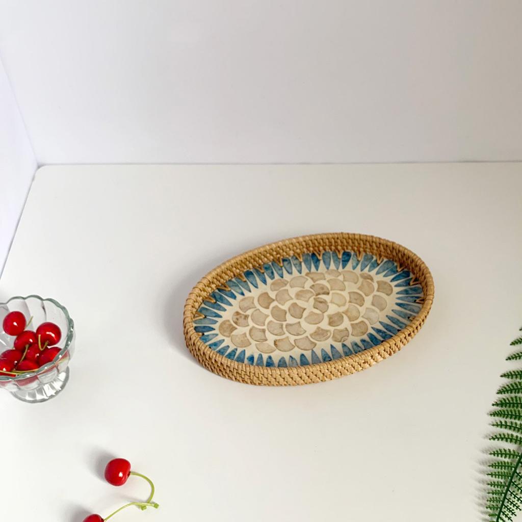 3PCS Oval Rattan Trays Colorful Shell Decor Hand Woven Storage Tray Set for Fruits Tea Utensils