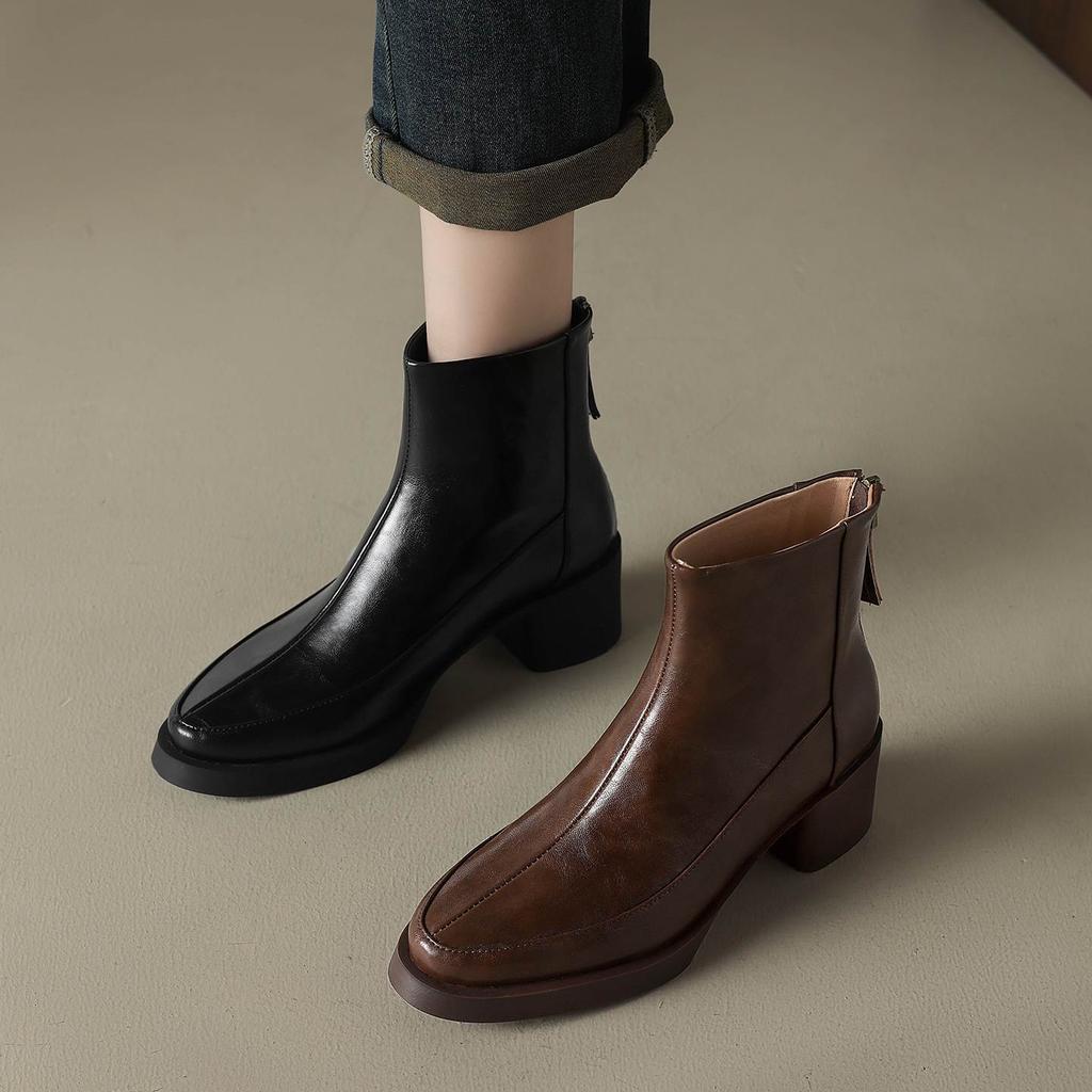 Krazing Pot Cow Skin Winter Round Toe Chunky Heels Motorcycle Boots Size 43 Zipper Women Platform Ankle Boots