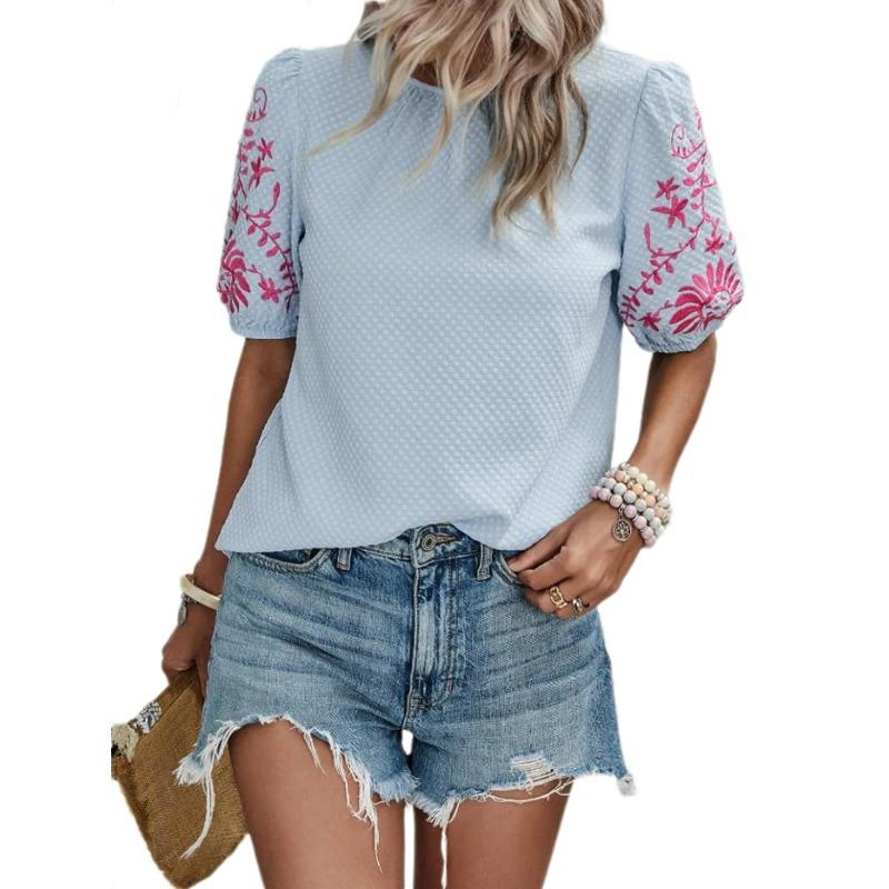 Women's Embroidered Blouse Short Sleeve Crew Neck Floral Sleeve Casual Summer Top