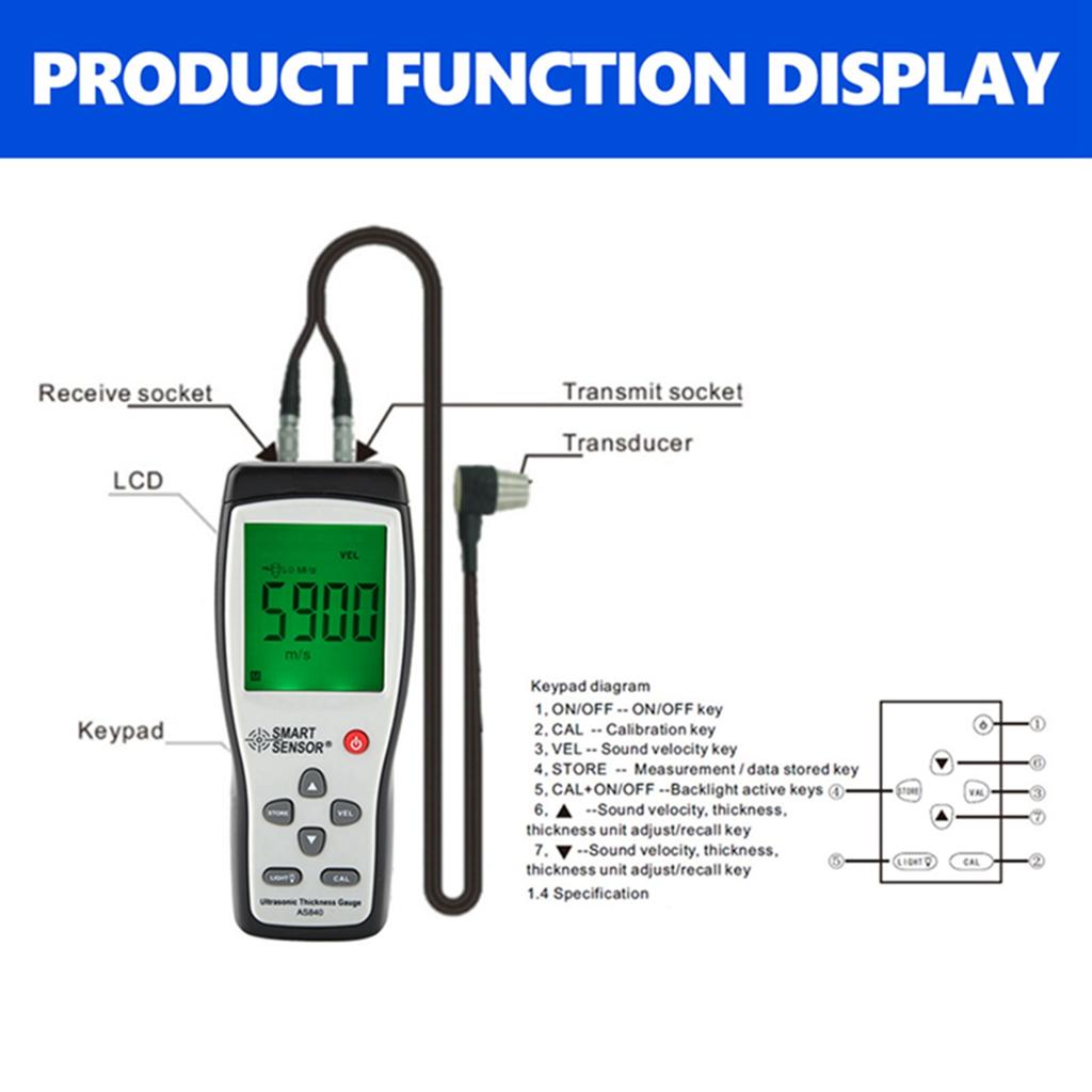 Digital Thickness Gauge SMART SENSOR Digital Ultrasonic Thickness Gauge Sound Velocity Meter Metal Depth Tester AS840