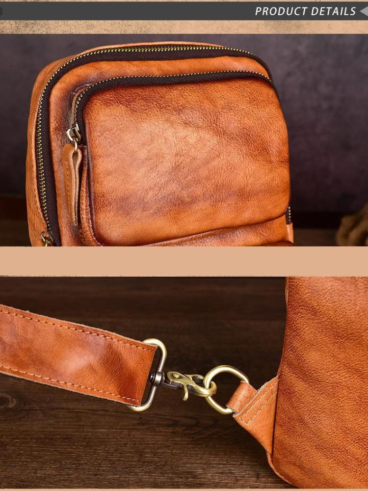 Johnature Vintage echtes Leder Outdoor Herren Brusttasche vielseitige einfarbige natürliche Rindsleder handgefertigte Schulter- und Umhängetaschen