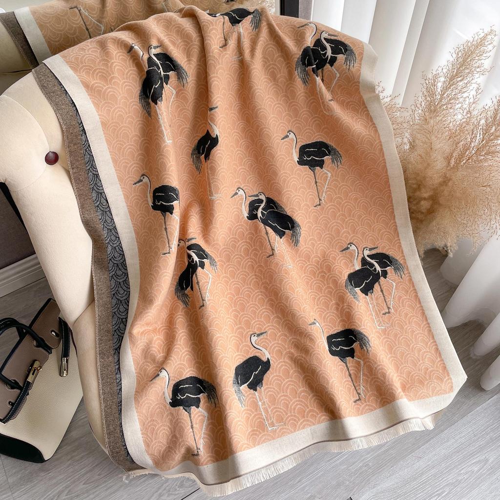 Crane Picture Imitation Cashmere Thickened Scarf Scarf Women'S Extended Printed Fashionable Simple Shawl