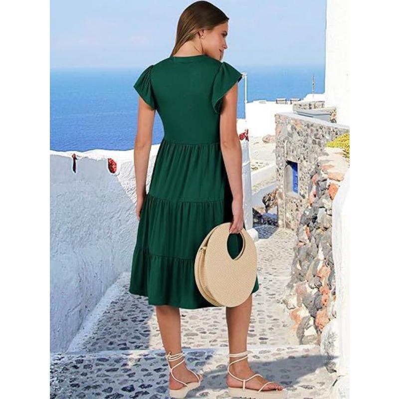 V-neck Fashion Elegant Summer Lotus Leaf Sleeve Dress Large Swing Pocket Party Dress Solid Color Casual Sweet Mid Length Splicing Dresses