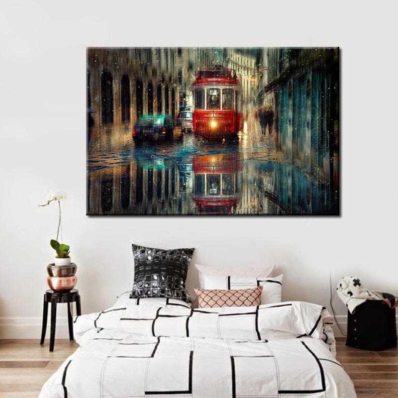 70X100cm - Stampe di Pittura a Olio Astratta Retrò di Tram su Strada Cittadina su Tela Poster per Parete per Soggiorno Decorazione per la Casa Senza Cornice