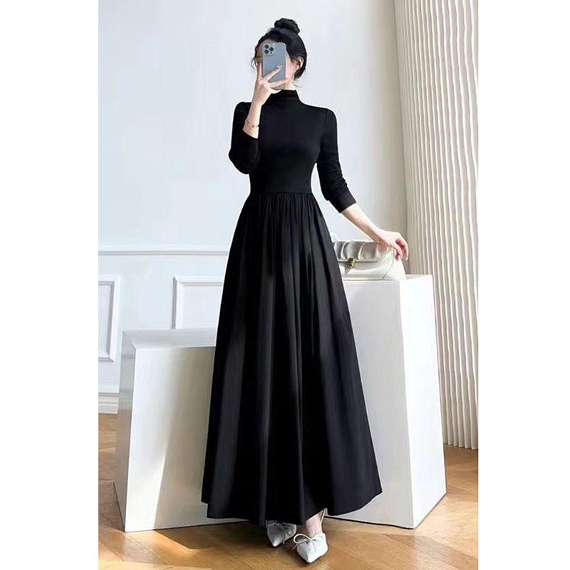 French Style Black A-Line Dresses Women Elegant High Waist Long Sleeve Midi Dress Autumn Winter Slim Fit Maxi Dress