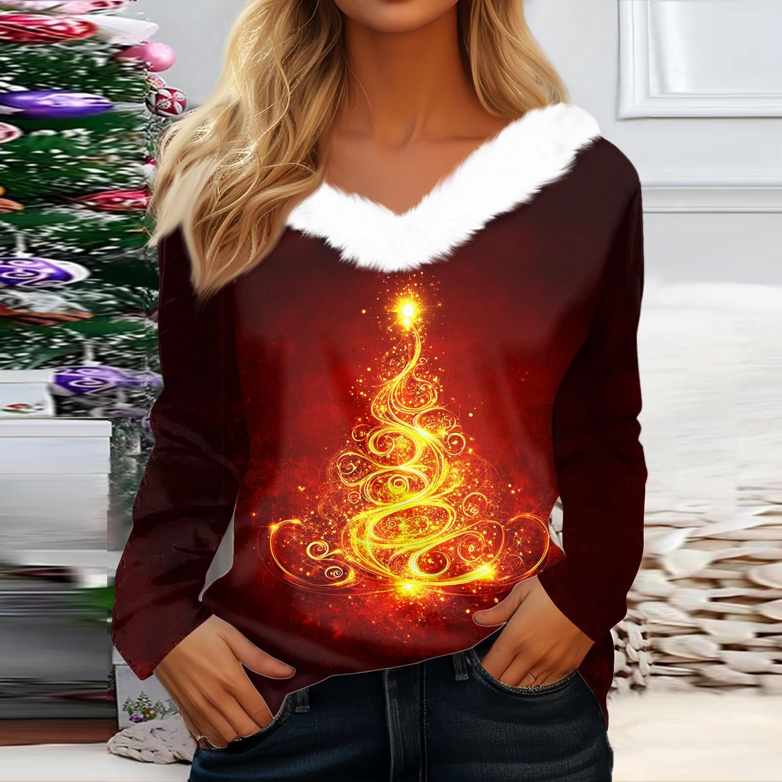 

Женская мода повседневная толстовка с длинным рукавом и рождественским принтом, плюшевый воротник, V-образный вырез M оранжевый