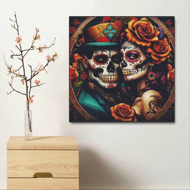 DIY Diamond Painting Canvas Sugar Skull Couple Floral Pattern 5D Rhinestone Art Kit for Home Wall Decor Craft Enthusiasts