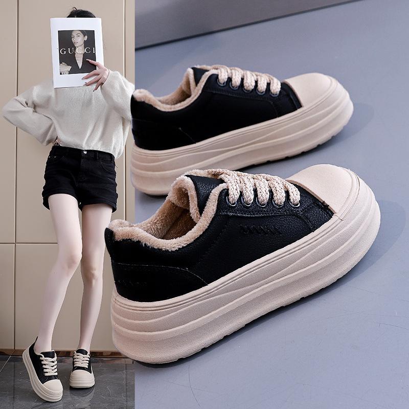 Damen Winter Schnürstiefel mit dicker Sohle Fell eins leicht warm kälteabweisend gefüttert Schneestiefel rutschfest abriebfest lässige Sneaker Baumwollstiefel