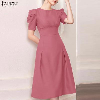 Women Casual Round Neck Puff Short Sleeve A-line Dress