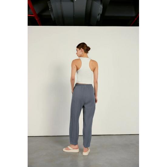 Pantaloni de jogging de damă, cu șireturi, cu talie elastică, amestec de in