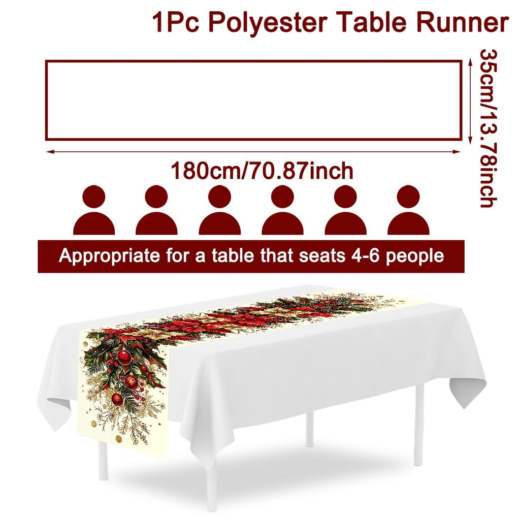 1pc Christmas Table Runner Retro Poinsettia Polyester Table Cover Christmas Decorations for Home 2026 New Year Party Supplies
