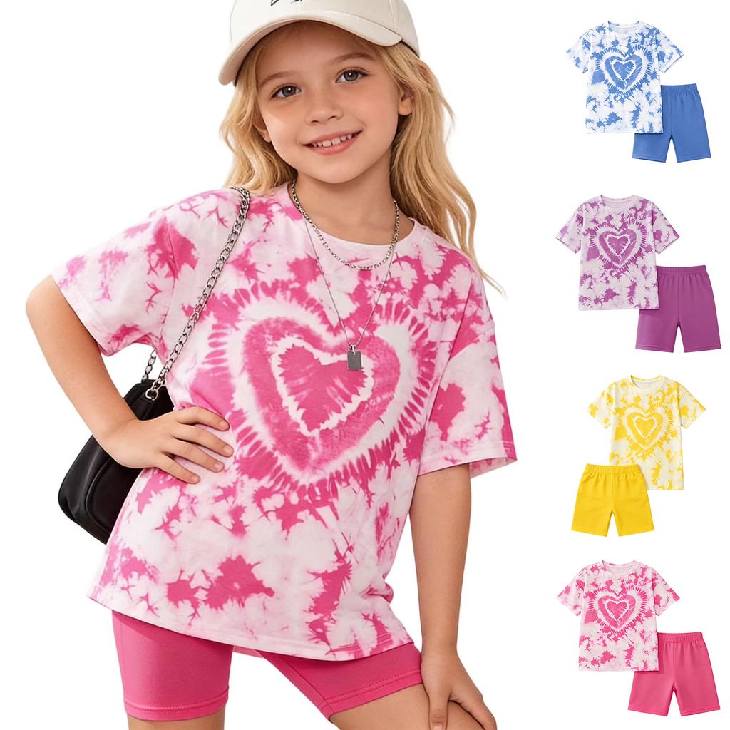 Girls Tie Dye Short Sleeve Top with Heart Pattern and Solid Color Elastic Waist Shorts Set for Summer Casual Wear