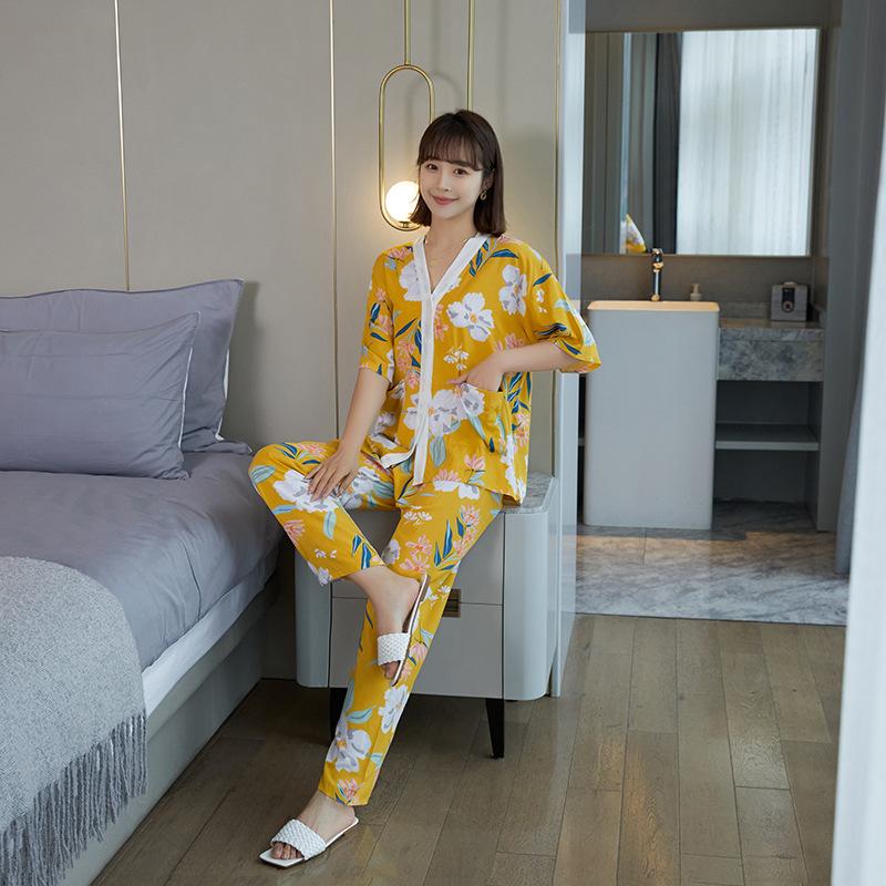 Cotton and silk pajamas women's spring and autumn short-sleeved trousers set summer thin Internet celebrity large size high-end loungewear