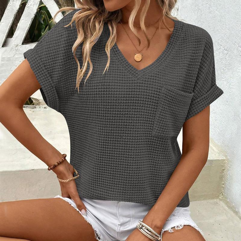 2026 Women's V-neck Summer Waffle Pocket Short Sleeve T-shirt