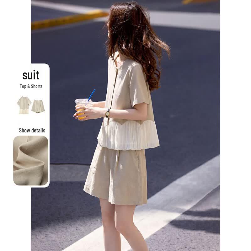 Women s Linen Blend Pleated Short Sleeve Top & Wide Leg Shorts Set S
