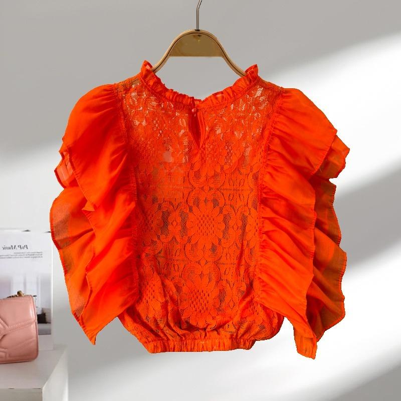 Mote Sommer Blonder Patchwork Skjorte Dame Heklet Hul Ståkrage Plissert Kortermet Bluse Elegant Casual Ensfarget Topper 3507