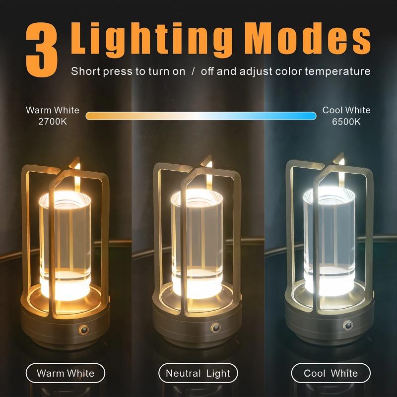 Portable Metal Cordless Table Lamp Touch Sensor Rechargeable LED 3-Color Dimmable Night Light for Bedroom Restaurant Home Outdoor Decor