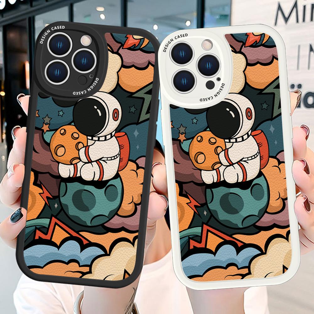 Slim Cartoon Astronaut Leather Back Casing PU Leather Cover Phone Case for Huawei Honor Infinix iPhone Vivo