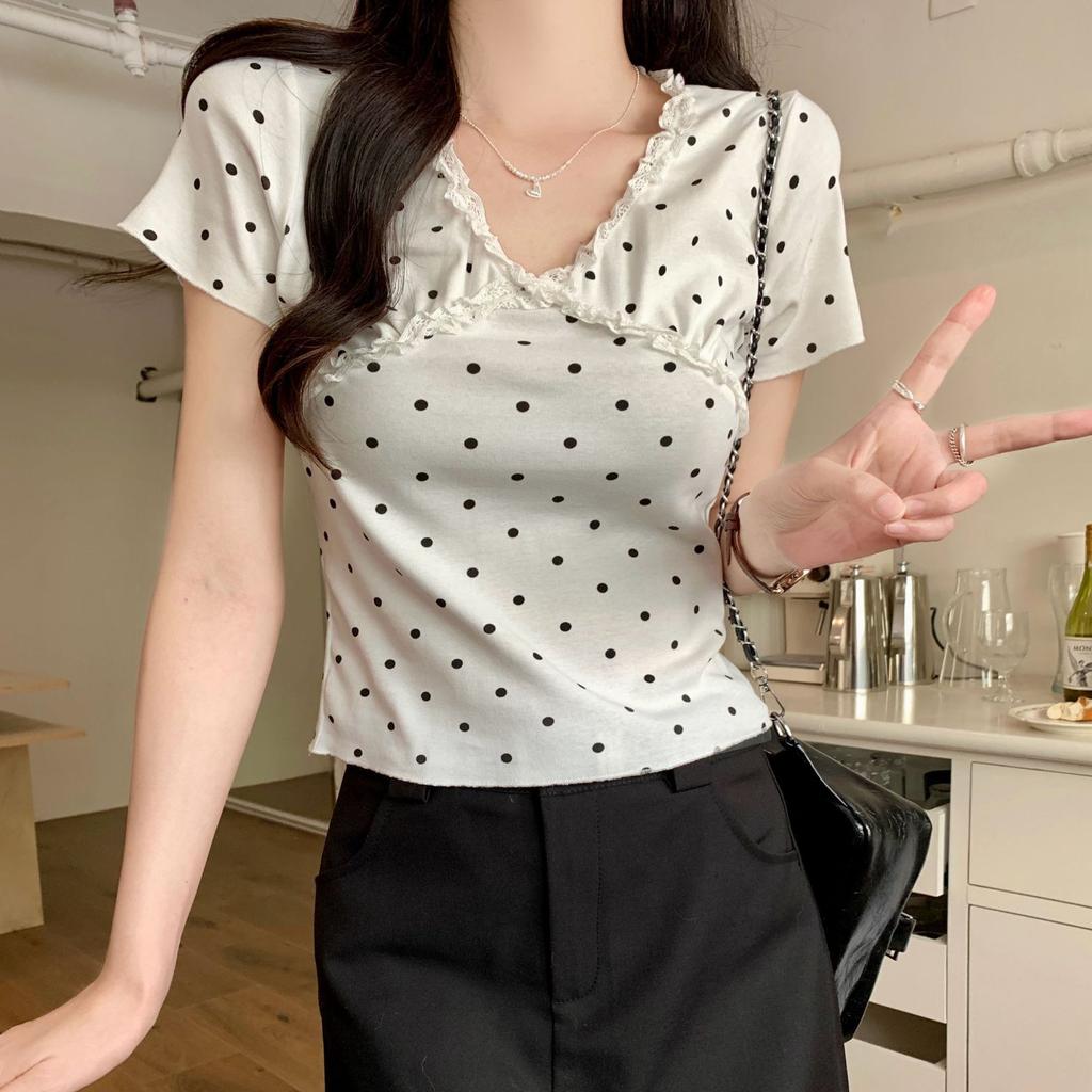 Lace Earrings Polka Dot V-neck Short-sleeved T-shirt for Women's Summer New Design Short Shirt Top