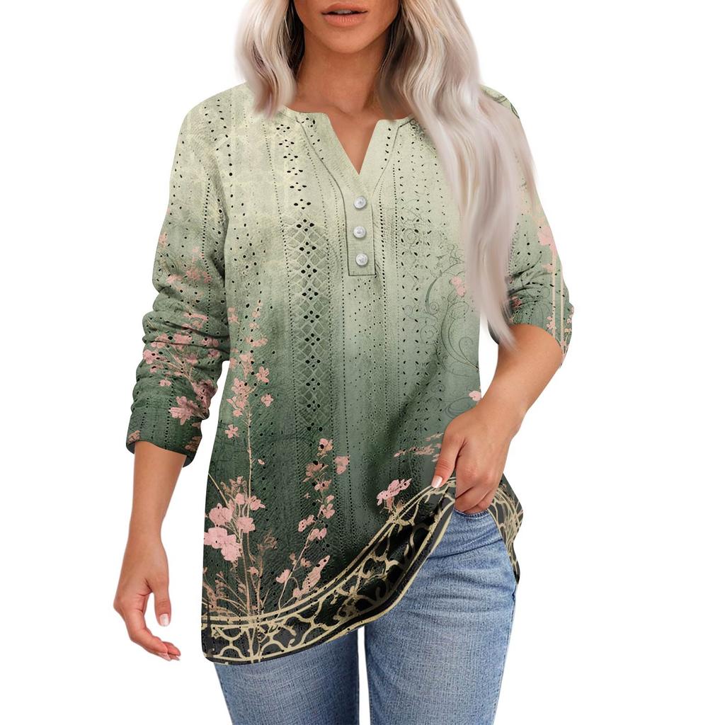 Women's T Shirt Tee Print Button 3/4 SleeveDaily Weekend Fashion Basic V- Neck Regular Top