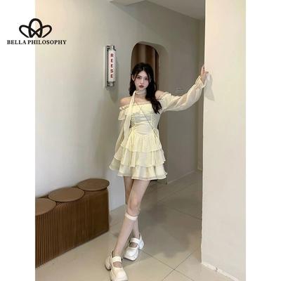 Primavera verão estilo coreano suave doce fora do ombro vestido de manga longa cintura rendas multi-camadas babados vestido curto