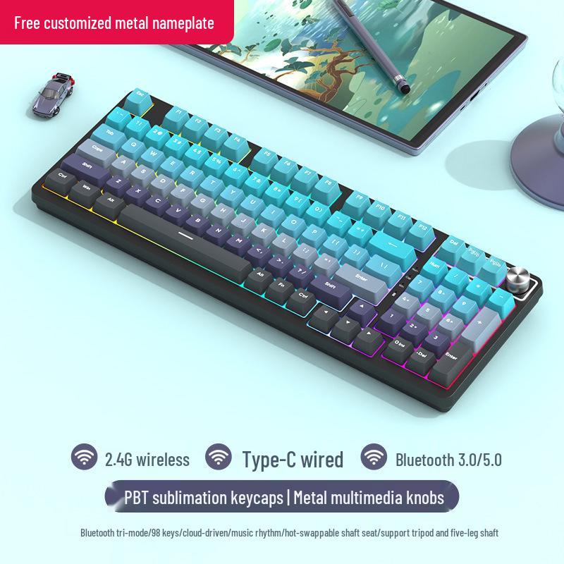 98-Key Wireless Bluetooth Mechanical Keyboard - Blue Switches, PBT Gradient, Gaming/Office, Customizable.