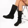 Fashion 2024 Autumn Fashion Solid Slip on Shoes Ladies High Boot Women Shoes New Pleated Wedge Long Boots Round Toe Women Leather Boots