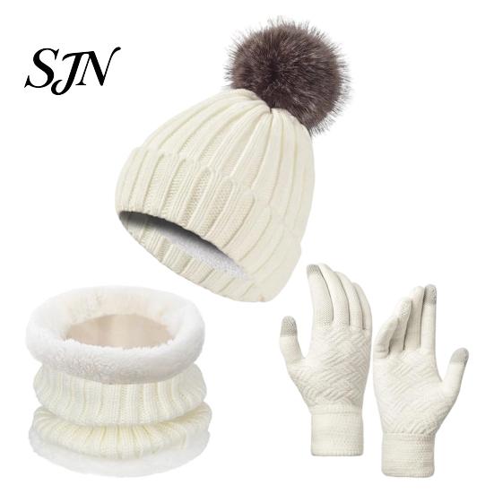 Soft Fleece Winter Gift Set Hat Neck Warmer Gloves Set, Knitted Beanies with Pompom, Touch Screen Gloves, Lined Knit for Men Women Cold Weather