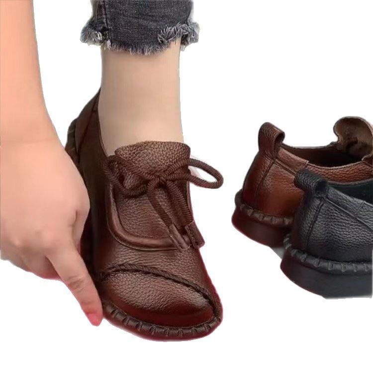 Popular single shoes women's versatile round head lace-up 2025 autumn new retro casual low-top soft leather flat-soled small leather shoes