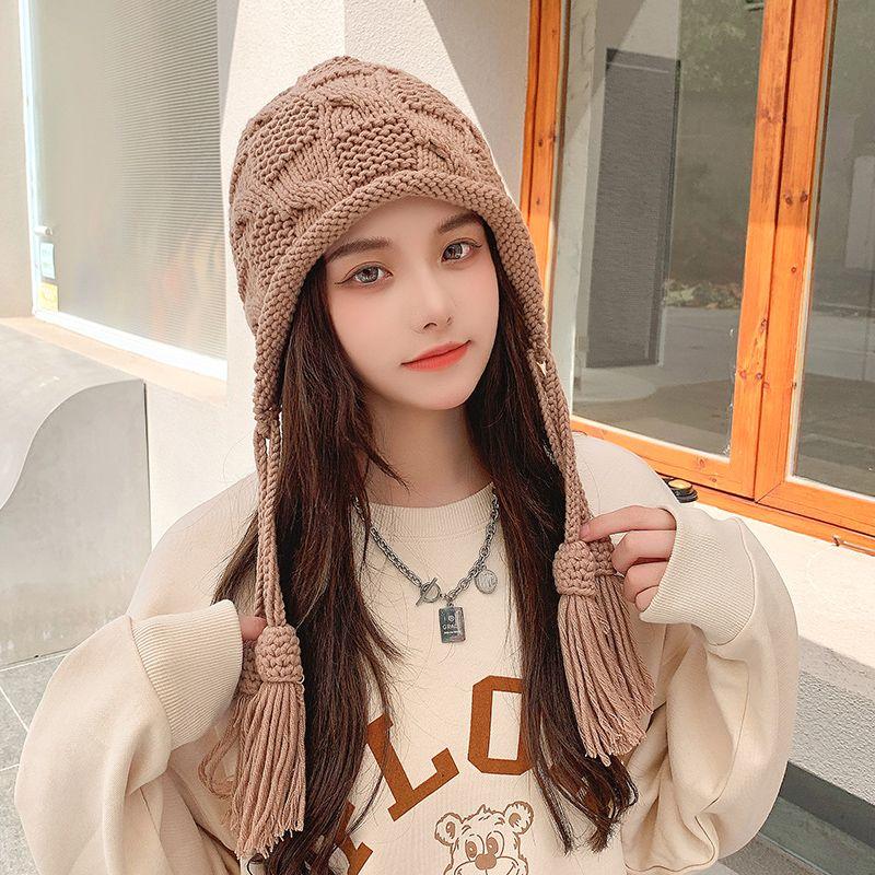 Ear Protection Wool Hat Female Versatile Knitting Tassel Plait Hat Autumn Winter Ladies Tassels Hat