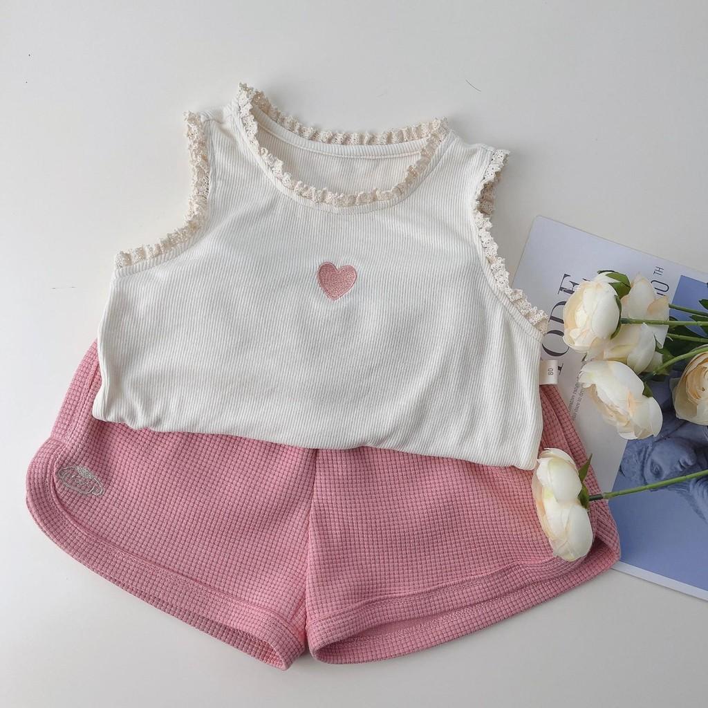 Adorable Korean Style Summer Two Piece Set For Girls Featuring Heart Embroidery And Soft Cotton Fabric